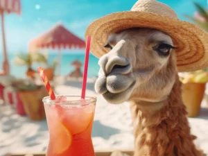 暑い夏に涼しそうなラマがジュースを飲んでいる